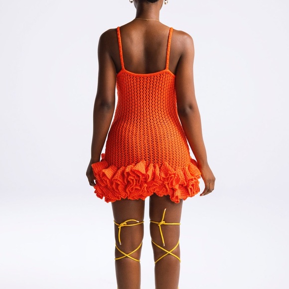 NWT Hanifa Iggy Knit Crochet Mini Ruffle Hem Dress In Bright Orange Red Size S - Picture 2 of 7